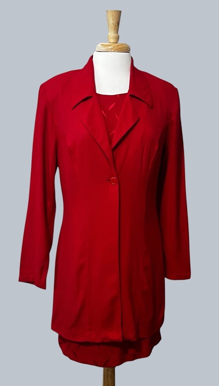 Vintage 90s Dawn Joy Fashions 2 Piece Set Size 11/12 Red Suit Dress & Jacket